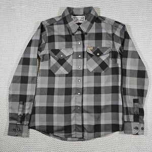 Dixxon The 1911 Flannel Shirt Women Sz M Plaid Black Gray Pearl Snap Long Sleeve